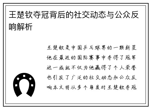 王楚钦夺冠背后的社交动态与公众反响解析